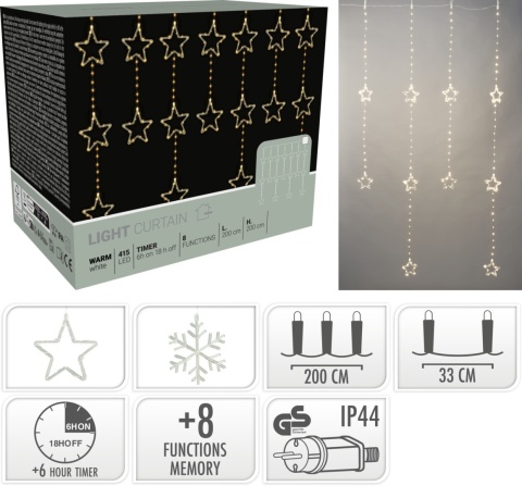 Kurtyna 200x200cm 408LED ciepła śnieżynki 8f. (AVX100690) timer wew/zew