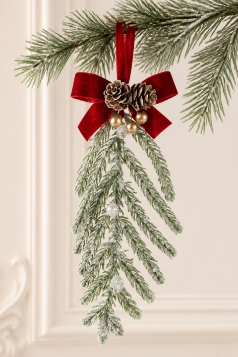 Dark green Christmas tree branch hanging decoration with bow and pine cones (554080) (B)