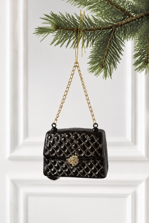 Glass handbag charm - black glitter check pattern (523420)