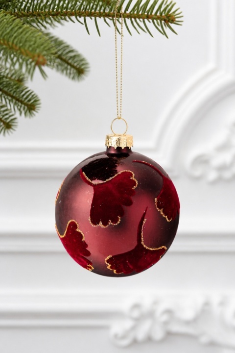 8cm glass bauble - velvet ginkgo leaf, burgundy, glossy finish (545693)