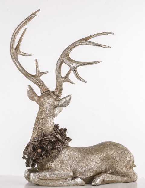 Lying ceramic deer with antlers, gold distressed finish (139533)
