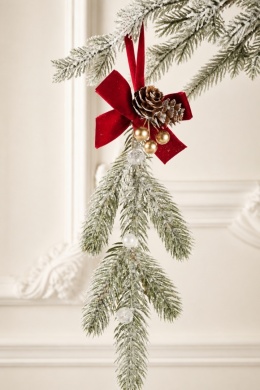 Light green Christmas tree branch hanging decoration with bow and pine cones (554080)(C)