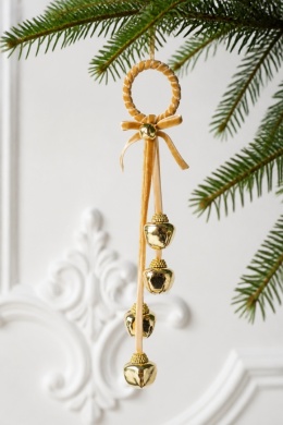 Hanging decoration: 4 gold metal bells on a velour ribbon (520053)