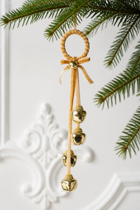 Hanging decoration: 4 gold metal bells on a velour ribbon (520053)