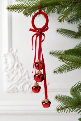 Hanging decoration: 4 red metal bells on a velour ribbon (520053)