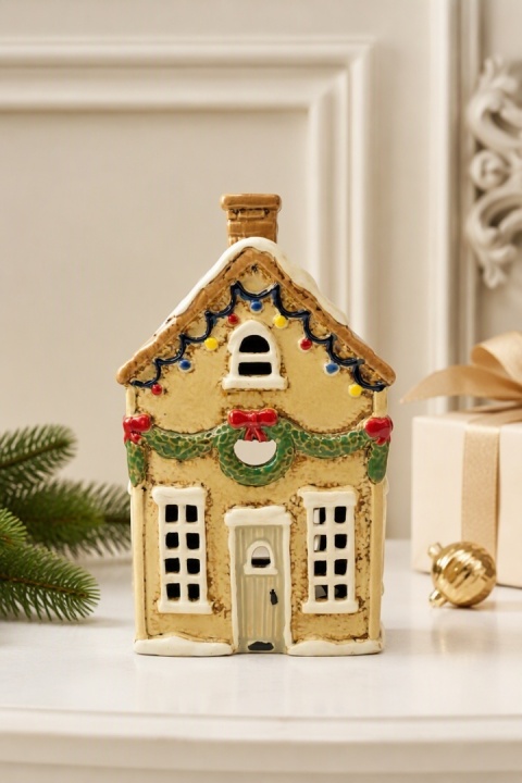 Beige ceramic tea-light house with small lights (2525)