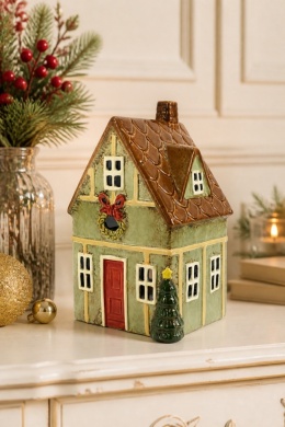 Domek ceramiczny na t-light miętowy z brązowym dachem (2524)