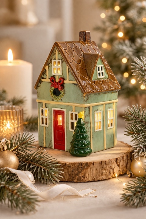 Domek ceramiczny na t-light miętowy z brązowym dachem (2524)