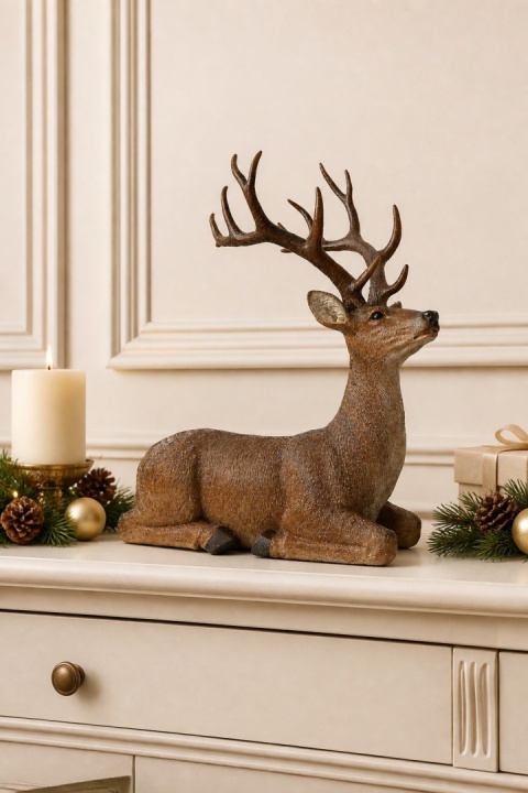 "Forest" style reclining reindeer, polyresin (2450)