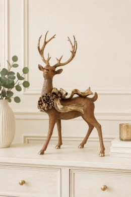 Large standing reindeer with gold wreath and bow, polyresin (2439)