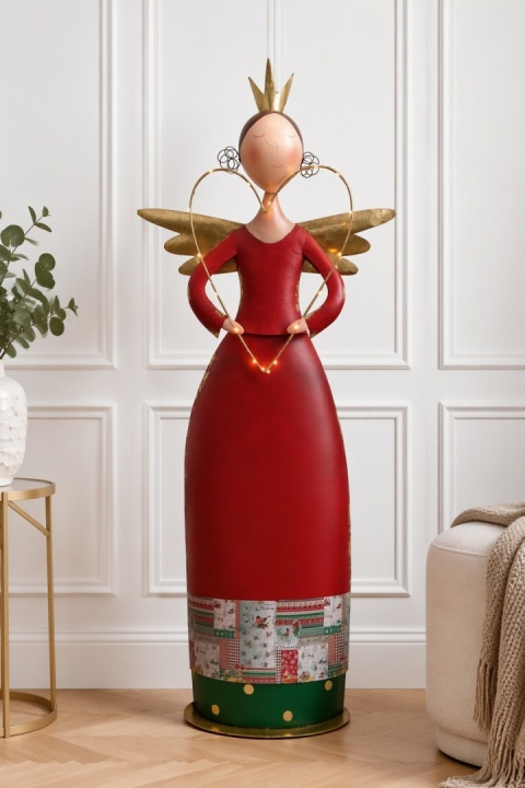 Large red metal angel (158 cm) with LED heart (1531)