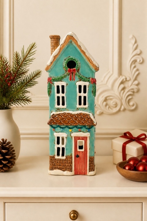 Turquoise ceramic tea light house (2551)