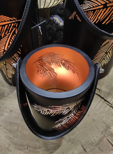 Lampion metalowy czarno złoty liście z uchwytem średni (IS0455) -20%