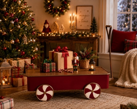 Red metal trolley with a wooden top (2564)