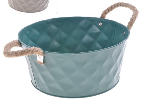 Osłonka metalowa na doniczkę 3kolory płaska h:10,2cm uchwyt sznurek (QX-1904185S)-20%