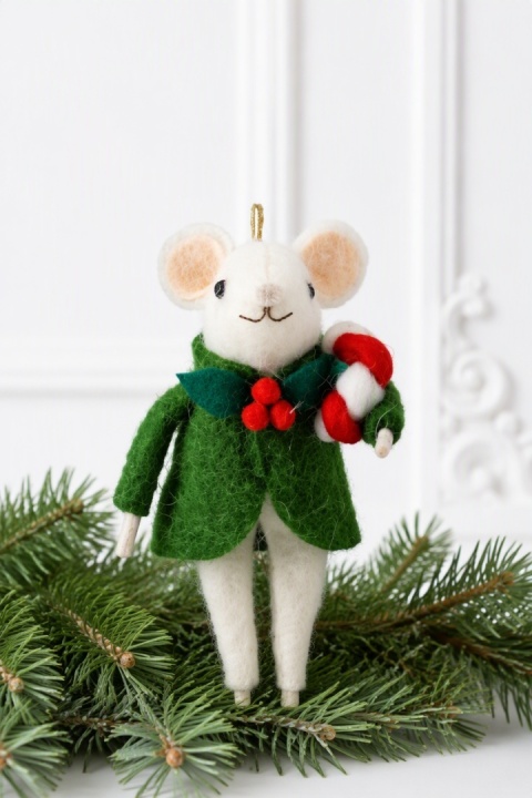 White mouse in a green frock coat hanging ornament (545364)(H)