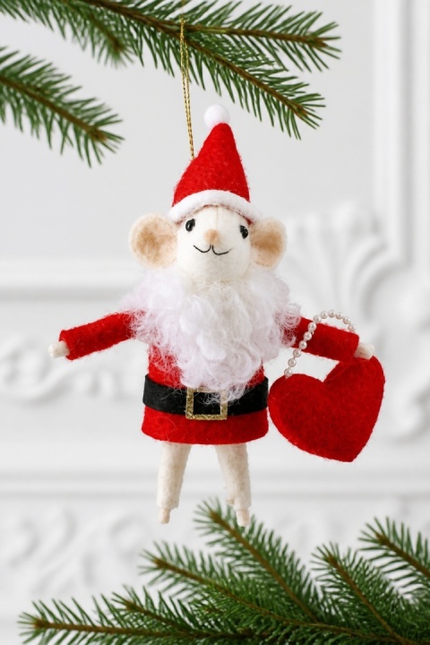 Mouse ornament in a Santa outfit holding a heart-shaped bag (545364)(F)