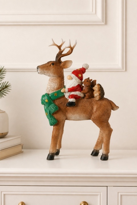 Polyresin reindeer with Santa and a hedgehog (545459)