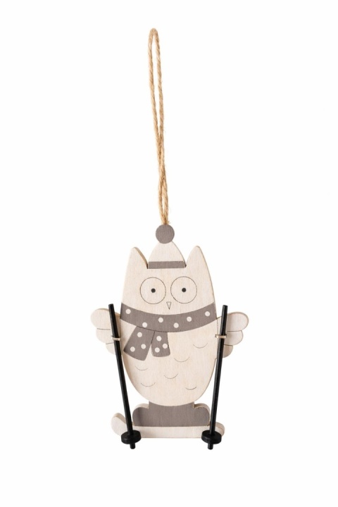 Gray wooden owl pendant on skis 10*8cm (ZS6023)