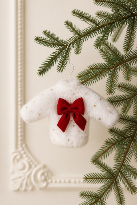 White sweater hanging decoration with a bow, faux fur trim, and gold stars (548191)(E)