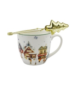 Kubek porcelana 460ml z metalowym zaparzaczem Christmas Village ozdbne pudełko