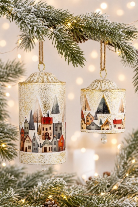 Set of 2 painted metal tube bells - town motif (185395)