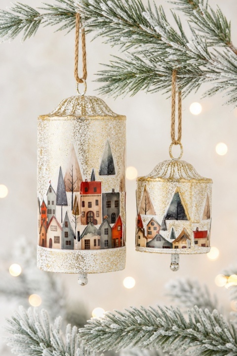 Set of 2 painted metal tube bells - town motif (185395)