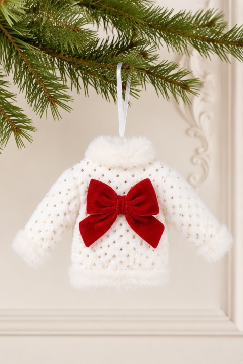 White sweater hanging decoration with bow, faux fur, and gold glitter (548191)(C)