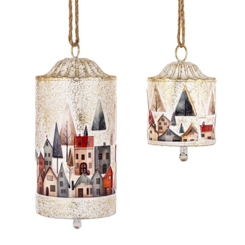 Set of 2 painted metal tube bells - town motif (185395)