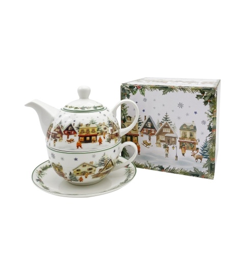 Filiżanka z dzbankiem i spodkiem porcelana Christmas Village ozdobne pudełko
