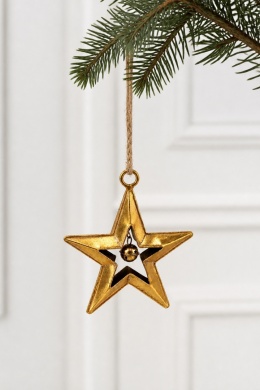 Small metal star hanging decoration with bell - distressed gold (SX0277)