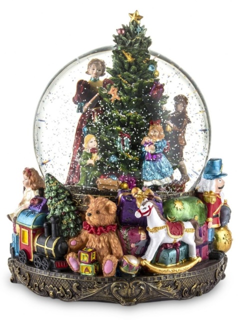 15 cm water globe with LED scene, swirling snow, and music box (131598) 2xAA batteries.