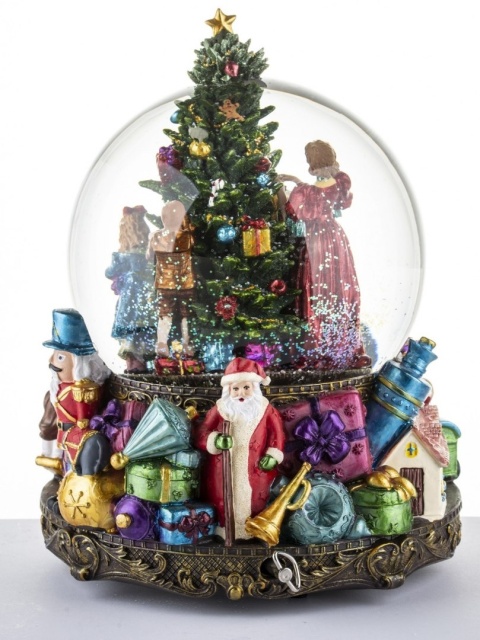 15 cm water globe with LED scene, swirling snow, and music box (131598) 2xAA batteries.