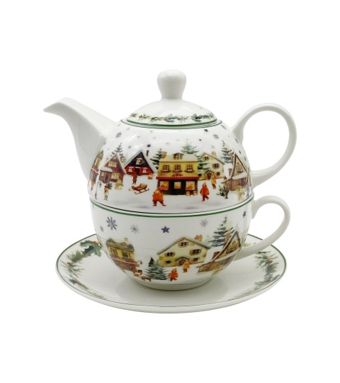 Filiżanka z dzbankiem i spodkiem porcelana Christmas Village ozdobne pudełko