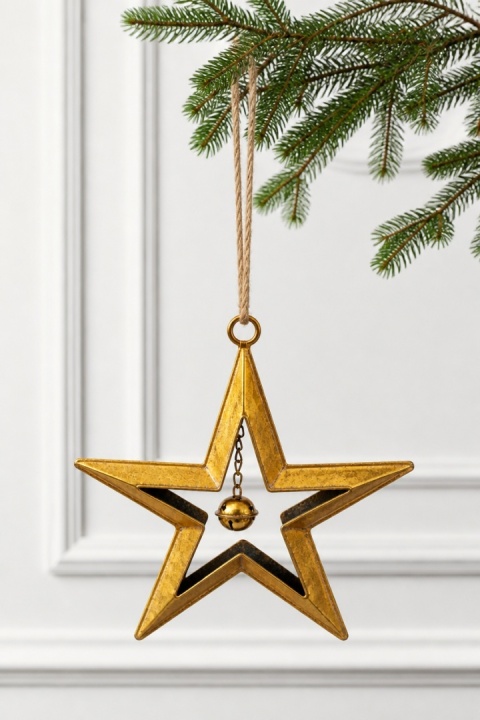 Large distressed gold metal star hanging decoration with bell (SX0275)