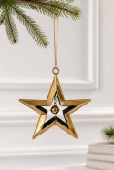 Medium metal star hanging decoration with bell, distressed gold finish (SX0276)