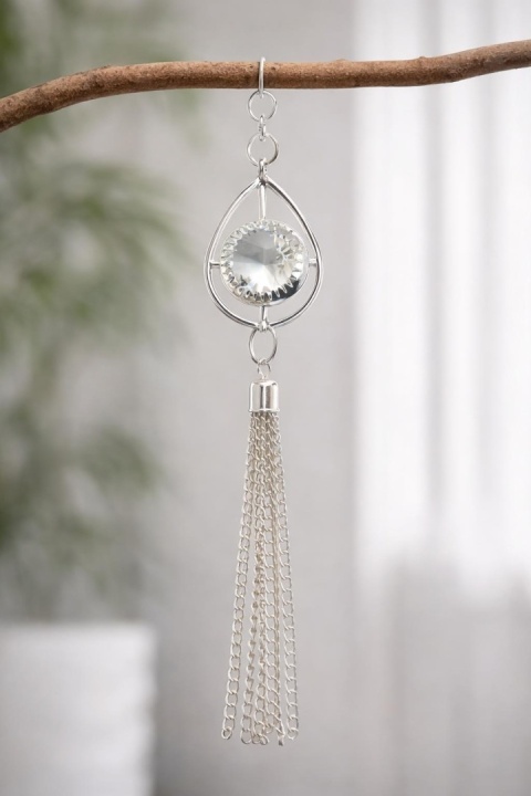 Silver teardrop pendant with crystal and tassel (HN0688)-20%