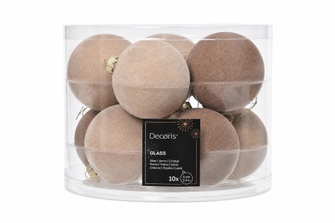 Set of 10 glass baubles, 6 cm diameter, velvet finish, beige mix (062270)
