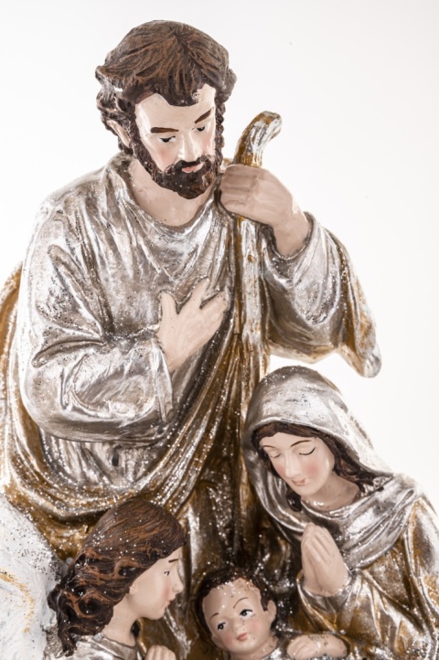 Champagne-colored Holy Family nativity scene with an angel, on a base (147003)
