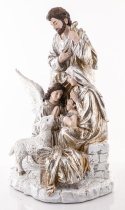 Champagne-colored Holy Family nativity scene with an angel, on a base (147003)
