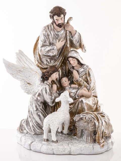 Champagne-colored Holy Family nativity scene with an angel, on a base (147003)