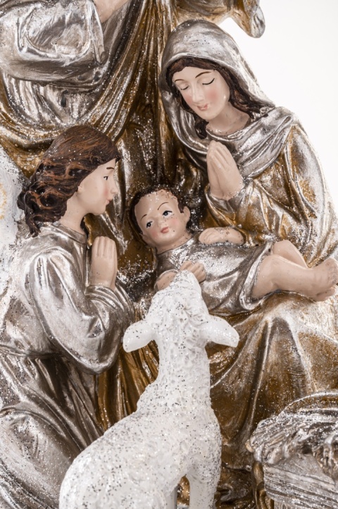 Champagne-colored Holy Family nativity scene with an angel, on a base (147003)