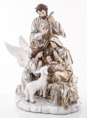 Champagne-colored Holy Family nativity scene with an angel, on a base (147003)