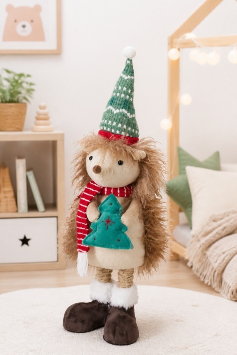 Standing plush hedgehog, 80 cm, with green hat and telescope (548441)