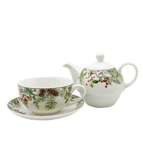 Filiżanka z dzbankiem i spodkiem porcelana Christmas Leaves ozdobne pudełko