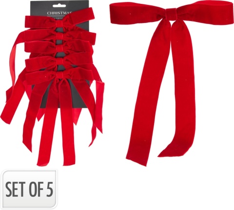 Set of 5 red velour bows on a blister card, 28x17 cm (546154)