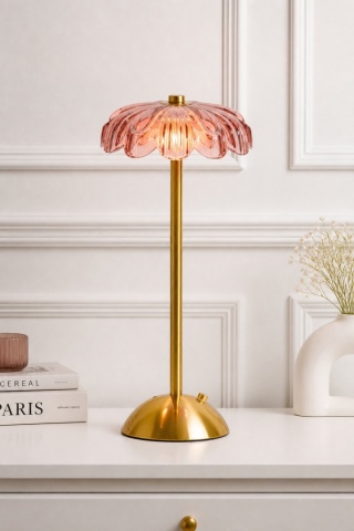 Gold metal lamp, 12 LEDs, pink shade (XX8450530)