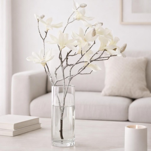 Gałązka magnolia ecru śnieżona drobne kwiaty 65cm (CV36630)