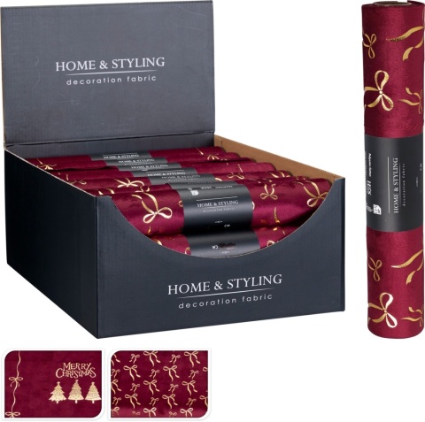 Burgundy velour decorative fabric with gold bows and Christmas trees (550953)