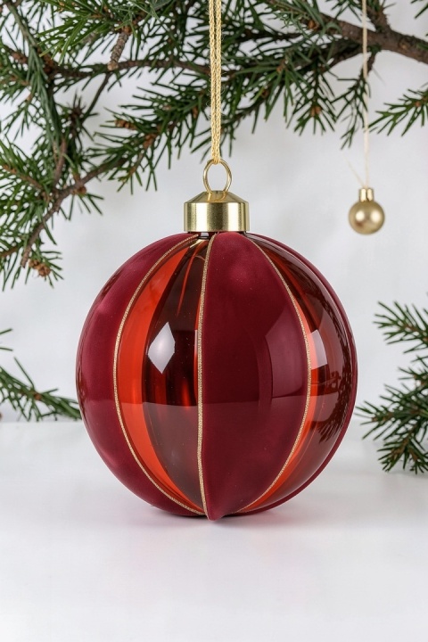 8 cm glass bauble with red velvet stripes (068261)